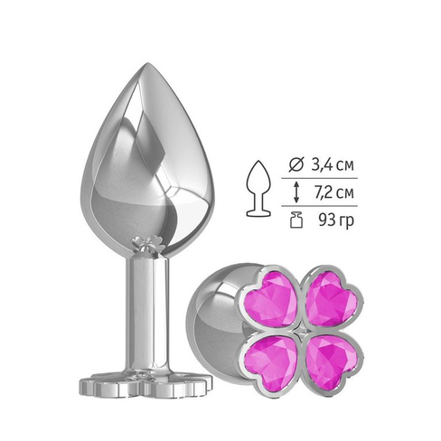 СУМЕРКИ БОГОВ - Средняя серебристая анальная втулка с клевером из кристаллов - 8,5х3.4 см (розовый)