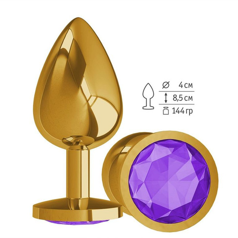 Сумерки Богов - Золотистая большая анальная пробка с кристаллом, 9,5х4 см (фиолетовый)