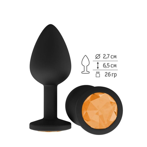 Сумерки Богов - Черная силиконовая анальная пробка с кристаллом, 7.3х2.7 см (оранжевый)