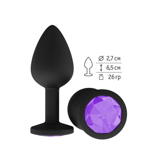Сумерки Богов - Черная силиконовая анальная пробка с кристаллом, 7.3х2.7 см (фиолетовый)