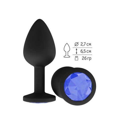 Сумерки Богов - Черная силиконовая анальная пробка с кристаллом, 7.3х2.7 см (синий)
