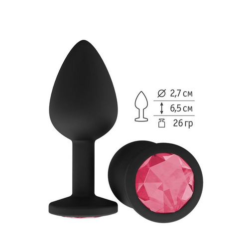 Сумерки Богов - Черная силиконовая анальная пробка с кристаллом, 7.3х2.7 см (розовый)