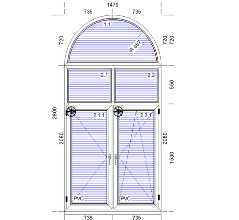 Окно ПВХ Exprof profekta plus 1470*2800, пятистворчатое, двухкамерное