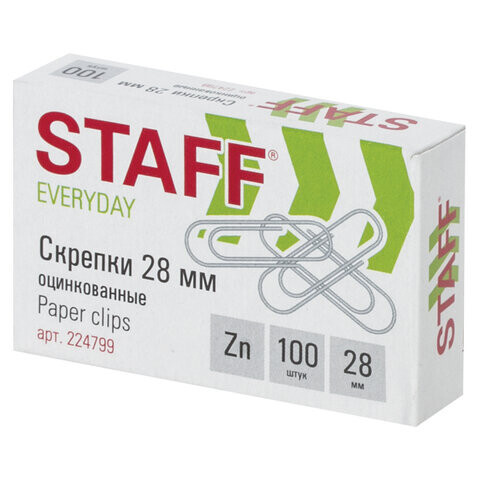 Скрепки STAFF EVERYDAY 28 мм оцинкованные 100 шт. в картонной коробке Россия 224799