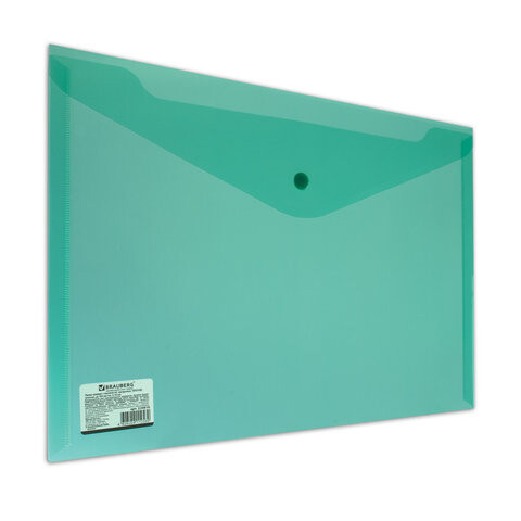 Папка-конверт с кнопкой BRAUBERG А4 до 100 листов прозрачная зеленая СВЕРХПРОЧНАЯ 018 мм 224810