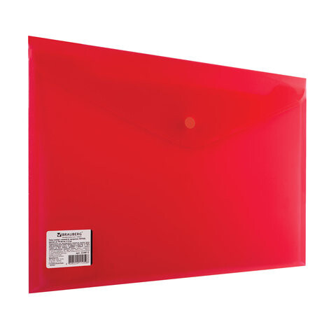 Папка-конверт с кнопкой BRAUBERG А4 до 100 листов прозрачная красная СВЕРХПРОЧНАЯ 018 мм 224812