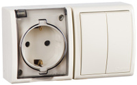 Блок выключатель двойной + розетка с заземлением Simon 15 aqua, без защитных шторок, на винтах, с крышкой, ip54, слонова
